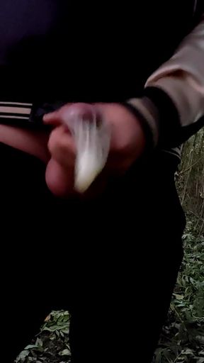 Outside Jerk off with Cum Filled Condom I Was Fucked Before