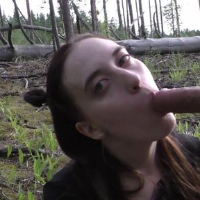 Sucked While Walking in the Woods and Swallowed Cum