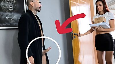 perverted grandpa receives delivery chick with her penis out!