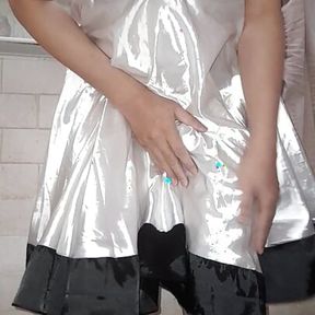 Asian crossdresser masturbating wearing white satin dress