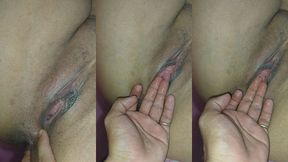 my neighbor plays with my pussy after the fourth creampie to tease my cuckold