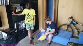 Thin, black socks blowing up balloons + footjob