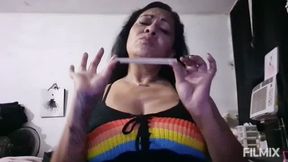 Stabbing your balls Tattooed Latina Milf Domina insults your tiny penis and big balls and punishes and pierces them over and over with a long tattoo needle Bilingual Spanish English Big Balls Humiliation Domination orange ball piercing punishment