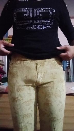 Indian Gay Crossdresser Gaurisissy Pressing and Playing with Her Big Boobs in Jeans T Shirt