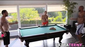 Teen beauty Emma Hix spit roasted by two big dicks