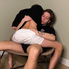 Jen framed his ass to Harry for a hard fuck on a chair