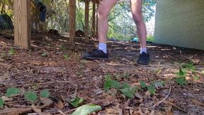 Twink jerks off in thong behind building