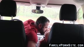 Stepson getting without any protection hard by daddy inside the vehicle