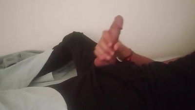 Horny guy in black pants moaning and jerking off his big dick after work until he cums