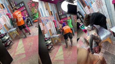 Behind the Scenes Tattoo Shop – Leg Tattoo While Getting Face Fucked Hard