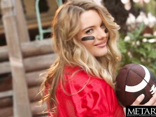 Golden-haired takes off her football kit to masturbate to climax
