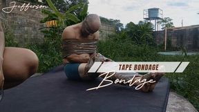 Woman tying a man with plastic tape (T)