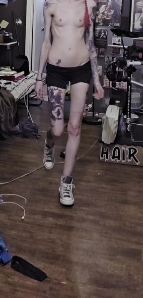 Cute girl with small tits walks around in a walkthrough scene