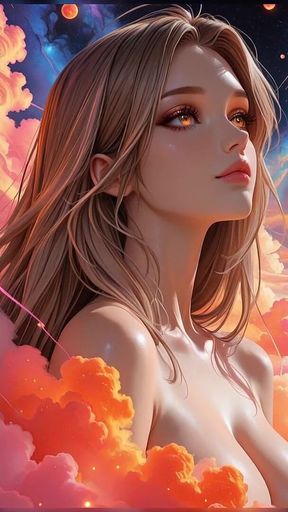 Cosmic Neon Goddess Nude Beauty Portrait with Radiant Cyber Clouds Ai Art Slideshow