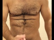 HAIRY MUSCLE BEAR FLEXING, STROKING COCK AND PLAYING WITH NIPPLES