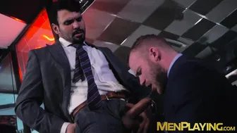 Suited businessmen trade blowjobs before rough office anal