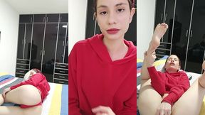 beautiful white girl in red sweater masturbates hard