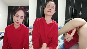 beautiful white girl in red sweater masturbates hard