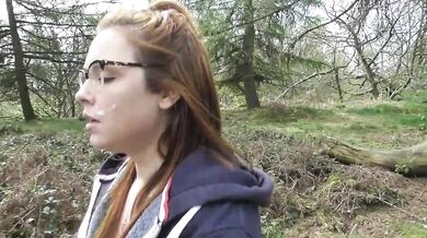Facial cum walk in the woods - stranger walked past!