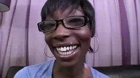 Ebony chick with small tits drains hard cock at casting