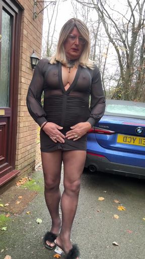 Sexy Crossdresser Kellycd2022 in Black Sexy Seamless Pantyhose Black Dress and Mules on a Cold Morning