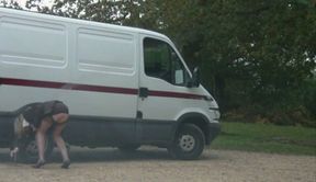 White van man in the forest