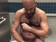 Risky Public Bathroom Wank Session Hairy Daddy Jerk and Cum