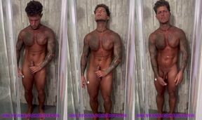 Muscle hunk jock pissing hard in shower solo session