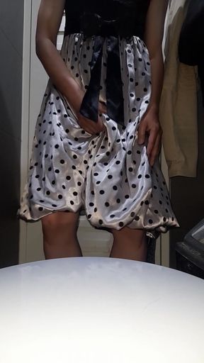 Thrilling moment from "Crossdresser Cum Wearing Satin Silk Polkadot Dress with Silky Lining"