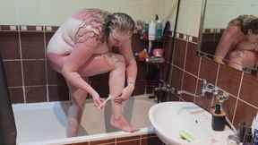 My Chubby Wife with Big Natural Tits Takes a Shower and Shaves Her Legs, Armpits and Pussy