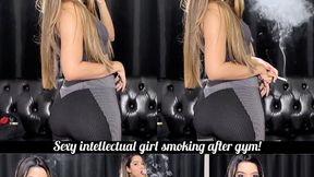 Sexy intellectual girl in glasses and workout clothes smoking after gym!