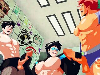 TEASER: Boy Trio, muscle dude riding a sex toy during the time that giving a double tugjob