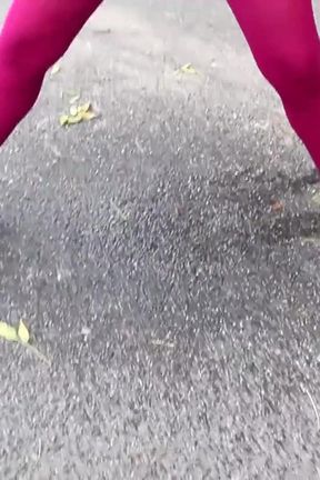 Outdoor pantyhose play and pee trough pantyhose