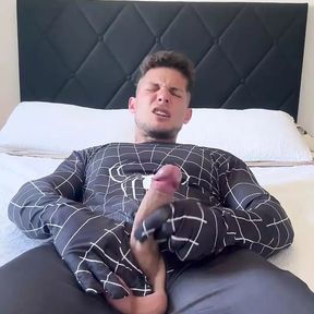 Jerking off My Fat Cock with My Spiderman Suit, Boygym Cum