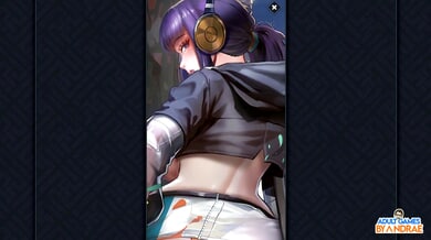 Purple-haired anime girl teases in cropped hoodie and tight pants