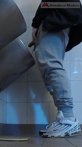 Amateur Boys in Sneakers Wank and Try Handjob in Public Toilets' Urinal