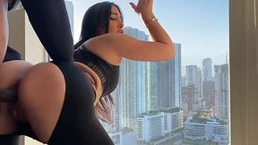 Huge window makes this experience even hotter for this brunette hoe