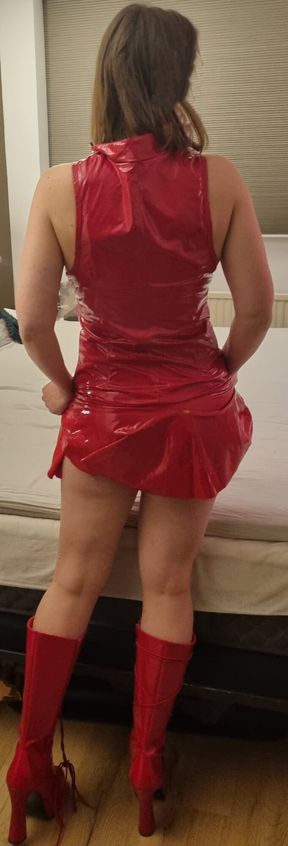 UDA red latex dress and larzen, MILF really cums