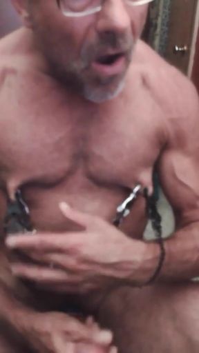 Gay Pig clamping nipples and wanking, flexing   Clip 1
