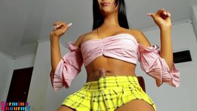 Carmina Teases In Skirt As She Strokes Huge Cock To Climax!