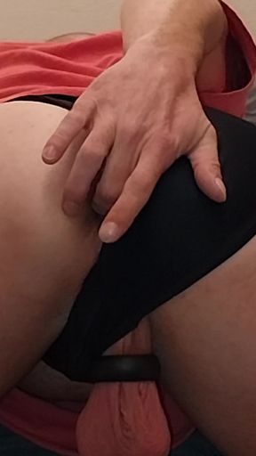 Prostate cum masturbation of horny uncut guy anal dildo cockring in black Speedo