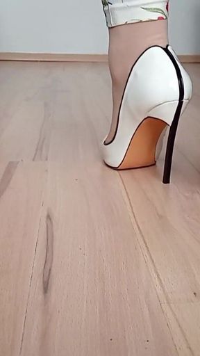 Crossdresser Walks in White Casadei Blade Pointed Toe High Heels Pumps