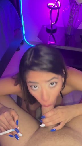 Key moment from &quot;sexy girl in tiny bikini deepthroat my dick smoking cigarette&quot;