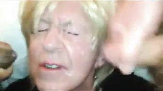 Amateur crossdresser takes multiple blowjobs and gets drenched in cum during gangbang