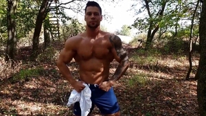 Maskurbate: Athletic Angelo jerking big cock in the woods