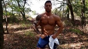Maskurbate: Athletic Angelo jerking big cock in the woods