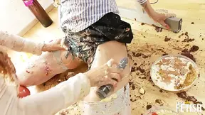 Busty babe and roommate fill their bodies with cake and play with toys on her birthday