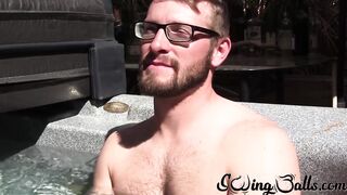 Gay with glasses shows balls before masturbating with buddy