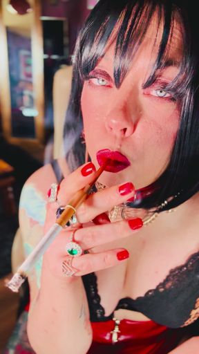 A Stunning Brit Smokes A Cigarette Using A Holder - Tina Snua Smoking Smoker Leather Bra