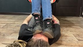 Slave's face as a footstool under My dirty Vans sneakers, socks and sweaty bare feet